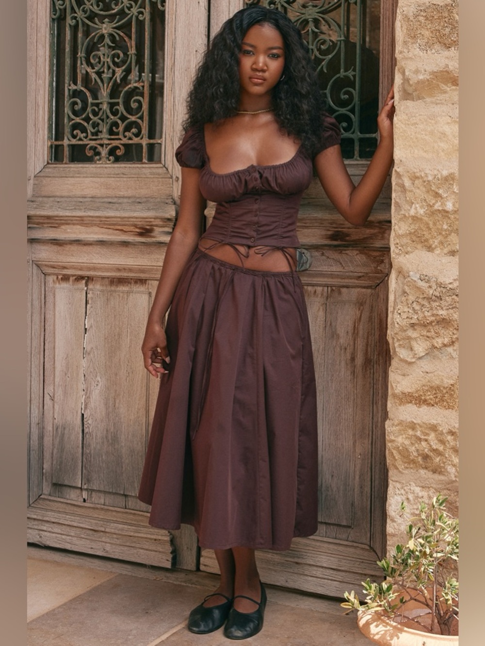 HOUSE OF CB 'Kitty' & ‘Cora’ Rich Brown Gathered Midi Skirt Set NWOT